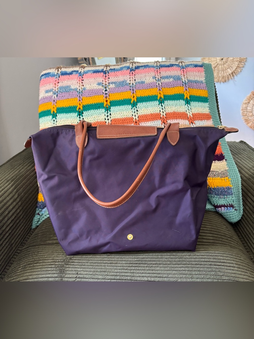 Longchamp Nylon Tote Bag in Deep Purple with Brown Trim - Picture 5 of 8